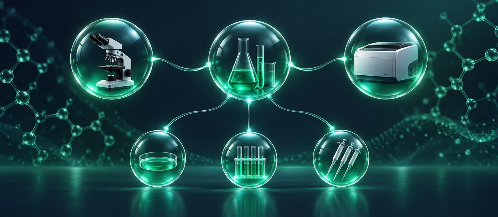 Glowing laboratory-themed flow with three connected main stages and three branching exception stages